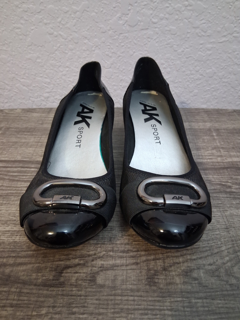 Anne Klein Sport Black Patent Toe Flats with Silver Buckle